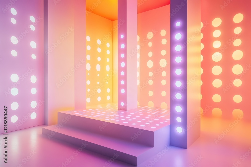 Poster vibrant light display fills a modern architectural space with colorful reflections and artistic ambi