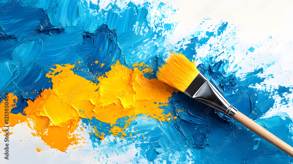 Poster vibrant blue and yellow paint strokes with a brush on a textured canvas backdrop