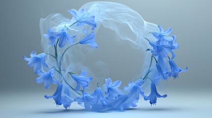 A minimalist bluebell with soft smoky swirls framing its tiny blooms in a realistic scene.