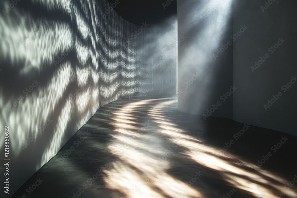 Poster captivating light patterns dance along curved walls in a modern artistic space at twilight. generati