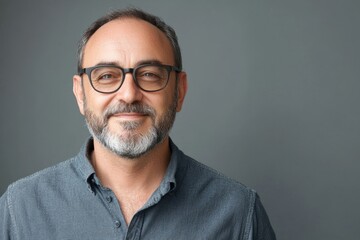 Portrait of happy mature man with white, grey stylish short beard looking at camera outdoor. Casual lifestyle of retired hispanic people or adult asian man smile with confident at, Generative AI
