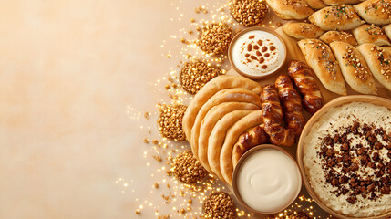 A delicious spread of assorted baked goods and dips on a textured background