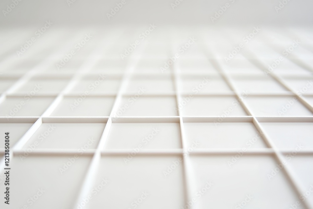 Poster exploring the beauty of minimalism through the intricate patterns of a white tiled surface in soft n