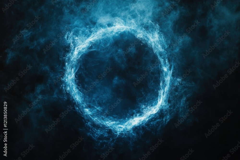 Poster mystical swirling smoke ring frame with text copy space in the middle on a black backdrop. backgroun