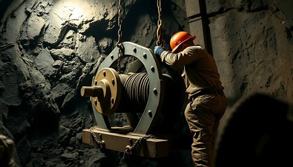 Miner Operating Vintage Mine Hoist in Dark Tunnel