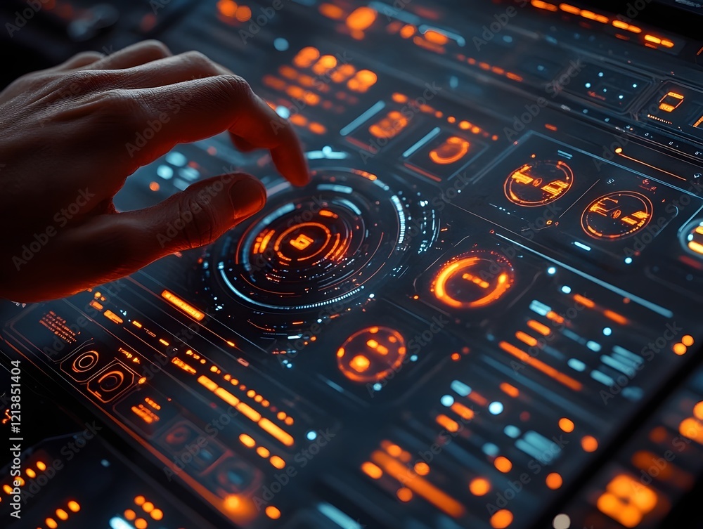 Poster futuristic holographic interface control panel with glowing buttons and lights