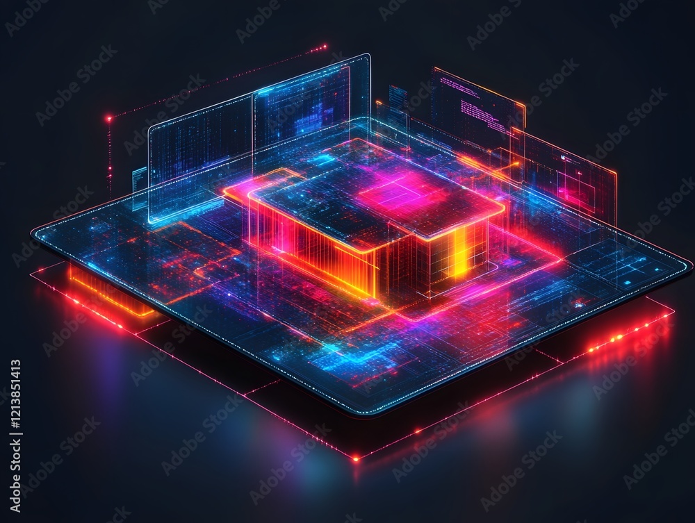 Poster futuristic digital holographic visualization with luminous neon shapes and geometric patterns