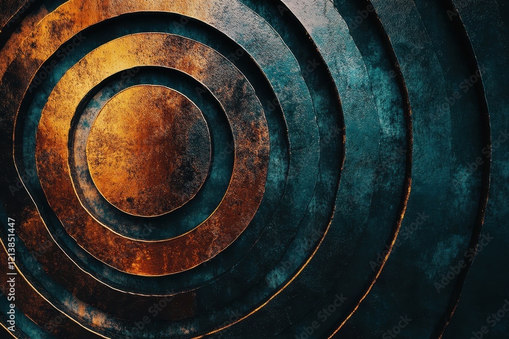 Poster cascading circles of rust and teal create a mesmerizing display in an artistic installation, captiva
