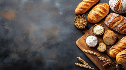 Fresh baked breads with flour cream and wheat on dark textured surface for bakery concept