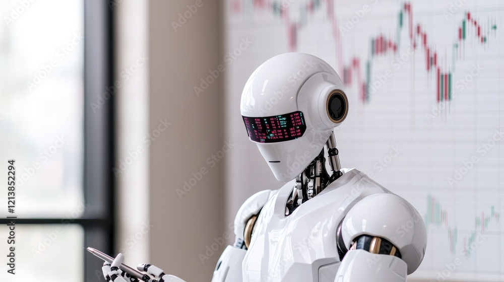 Poster robot trader analyzes market data, office background
