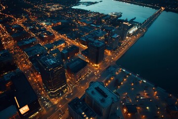 Aerial view of downtown Detroit at twilight, Generative AI