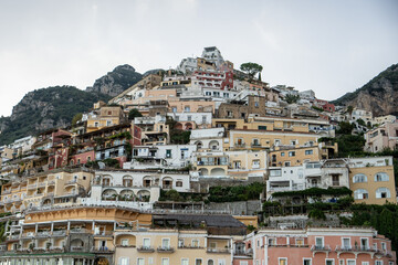 View over Positano town and beach in Amalfi coast in Italy.