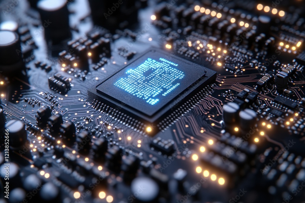 Poster closeup of microchip on circuit board with lights