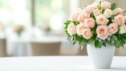 Fototapeta premium A beautiful bouquet of soft pink roses in a white vase, elegantly displayed on a table, creating a serene and inviting atmosphere.