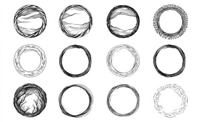 Twelve unique circular hand-drawn frames.