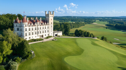 Elegant White Ch&acirc;teau Overlooking Rolling Green Landscape