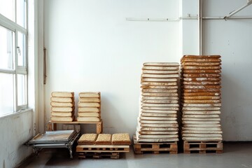 Stacks of baked goods on pallets in a warehouse.