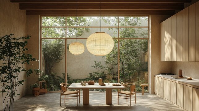 Fototapeta Minimalist kitchen, garden view, sunlight, dining, serenity