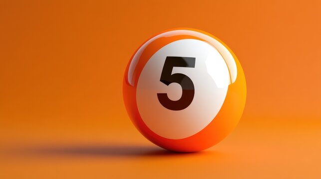 Orange billiard ball number five on orange background.