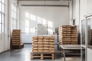 Stacks of bread loaves on pallets in a bright, spacious bakery warehouse.