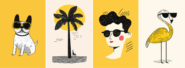 Summer holiday and travel hand drawn style poster illustration set