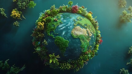 Sustainable earth with vibrant green globe encircled by rich natural plants and trees