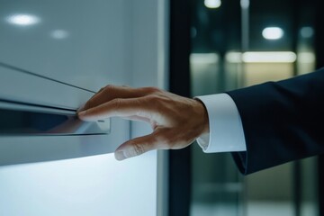 Bussiness man Hand press button on panel of printer, printer scanner laser office copy machine supplies start concept., Generative AI