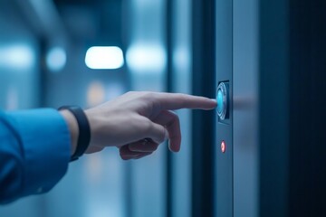 Bussiness man Hand press button on panel of printer, printer scanner laser office copy machine supplies start concept., Generative AI