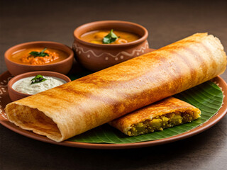 A Masala Dosa, a popular South Indian dish, filled with a spiced potato mixture and served with sambar, a lentil-based vegetable stew, and a selection of vibrant chutneys