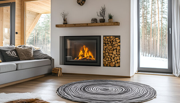 Decorative fireplace with stacked wood in cozy living room interior