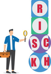 Rich risk, take a risk and getting rich concept, analyze the path of success and the risks obtained, no rich without risk, businessman uses a magnifying glass to analyze a cube with rich and risk word