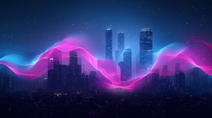 Fototapeta premium Vibrant cityscape with colorful light waves at night