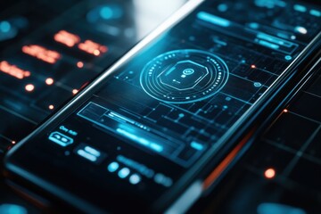 Obraz premium Smart phone futuristic interface, digital dashboard, security app, tech background, website