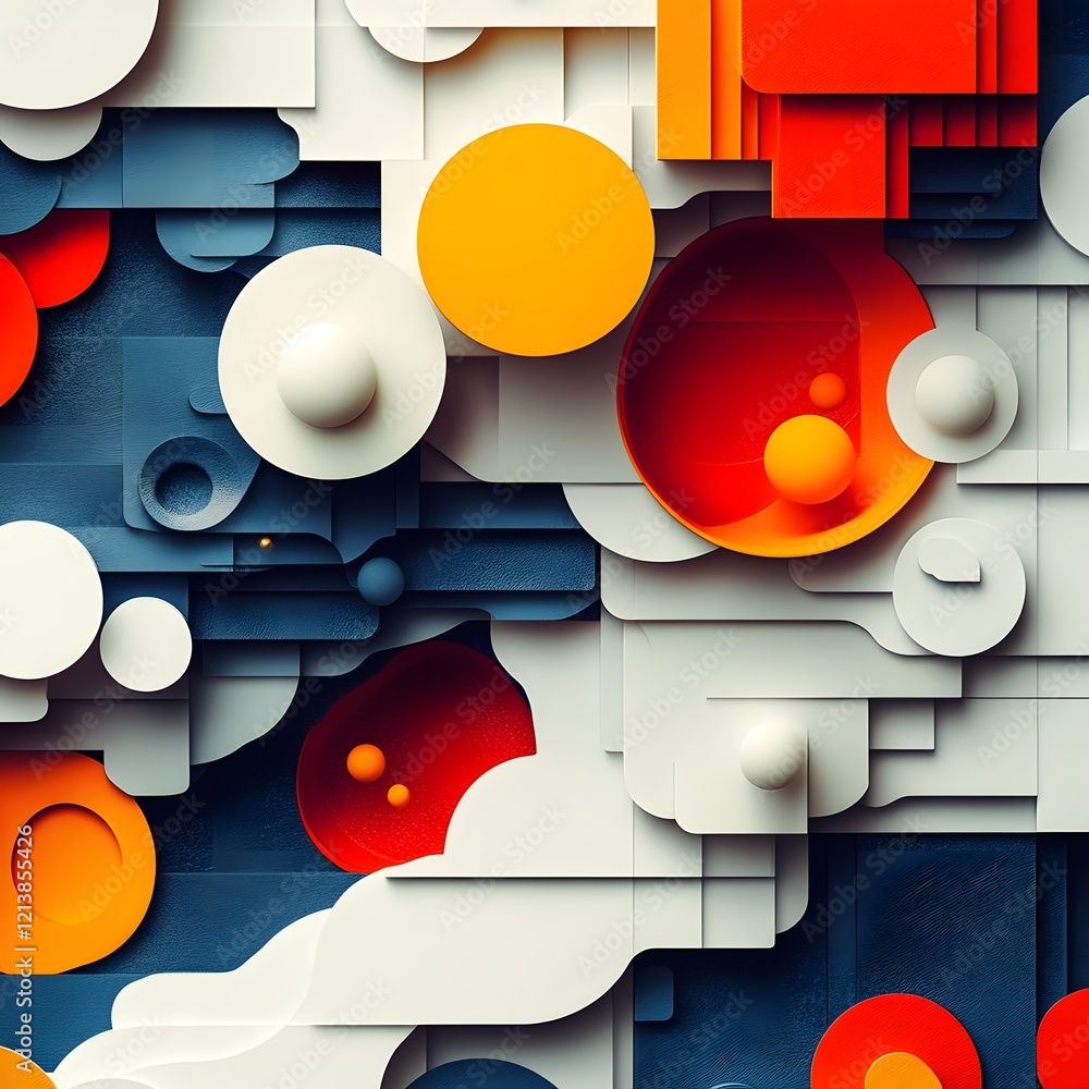 Poster vibrant geometric abstract composition of overlapping colored shapes and forms