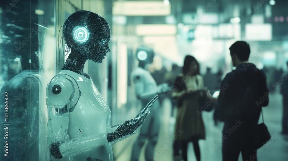 Poster futuristic robot using tablet in busy station