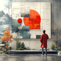Surreal Architectural Landscape with Solitary Figure in Contemplative Pose