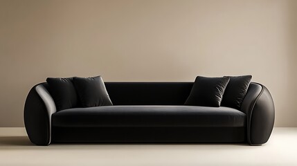 A modern minimalist Italian-style sofa in black color placed in a spacious living room with subtle lighting, smooth textures, and neutral tones.