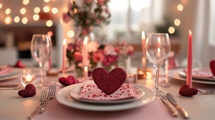 Romantic Valentine's Day Dinner Setting with Candles and Hearts Decor
