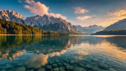 Naklejka premium Scenic view of lake against sky during sunset. Sunny outdoor scene in German Alps, Bavaria, Germany, Europe. Beauty of nature concept background