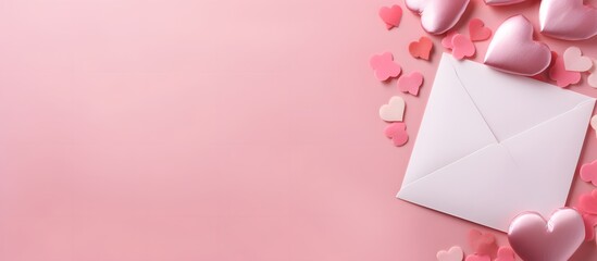 Pink love letter envelope decorated with paper heart shapes on textured pink background, romantic Valentine's Day or anniversary greeting card concept