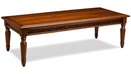 The beautifully crafted wooden table is prominently positioned in the center of the frame, showing off its intricate grain and texture against the white backdrop