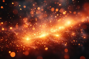 Glowing orange particles swirl in dark space background