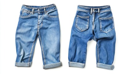 Denim shorts, front and back, studio shot, white background, e-commerce