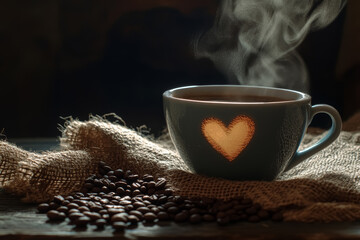 Heart cup of coffee with smoke and coffee beans on burlap sack on a black wooden background. 