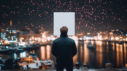 Fototapeta premium Man Facing Blank Canvas City Lights Background