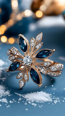 Naklejka premium Elegant sapphire and diamond snowflake ring on blue background, festive lights bokeh