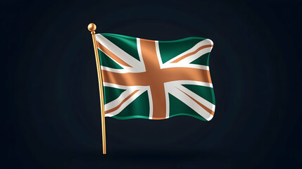 Emerald green Union Jack flag waving on gold pole, dark background.  Patriotic, national identity graphic