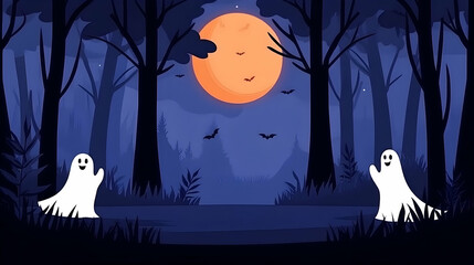 Friendly ghosts greet in moonlit forest; Halloween background