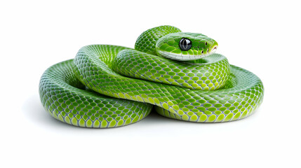 Green snake coiled, studio shot, white background, wildlife photography, perfect for nature documentaries
