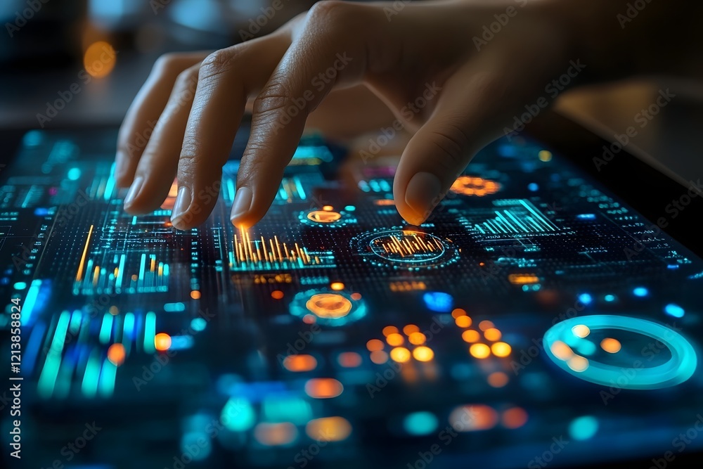 Poster hands of a dj mixing music on a digital audio controller interface